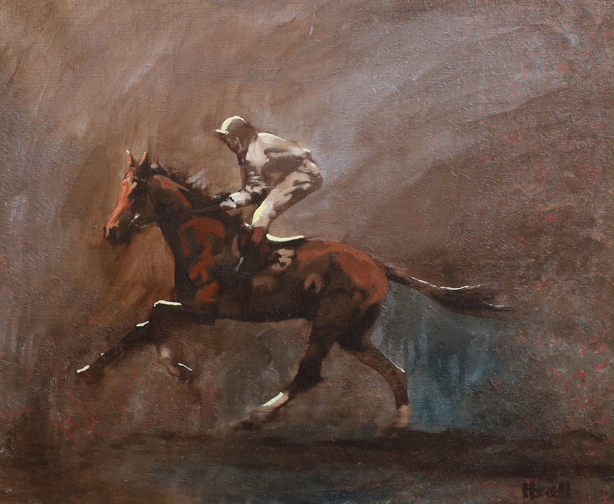 Peter Howell (b.1932), Sketch of a racehorse and jockey, oil on canvas, 50 x 60cm